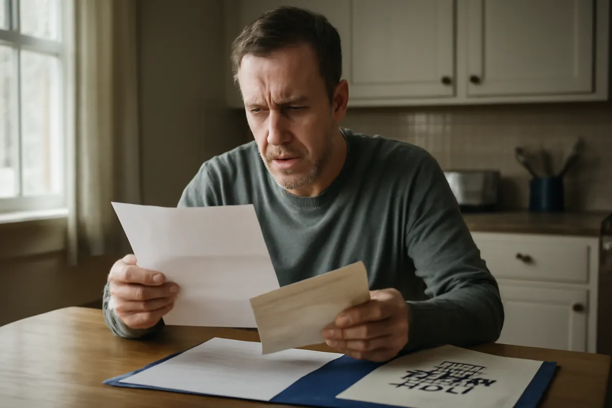 A man sitting at his kitchen table with a concerned expression, reading a letter pulled from an envelope, with a folder of papers on the table in front of him