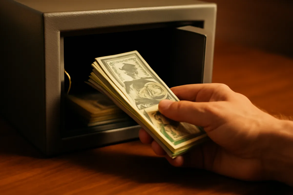 A hand pulling a small stack of cash out of a partially open home safe sitting on a wooden desk, representing accessing the cash value built up inside a permanent life insurance policy