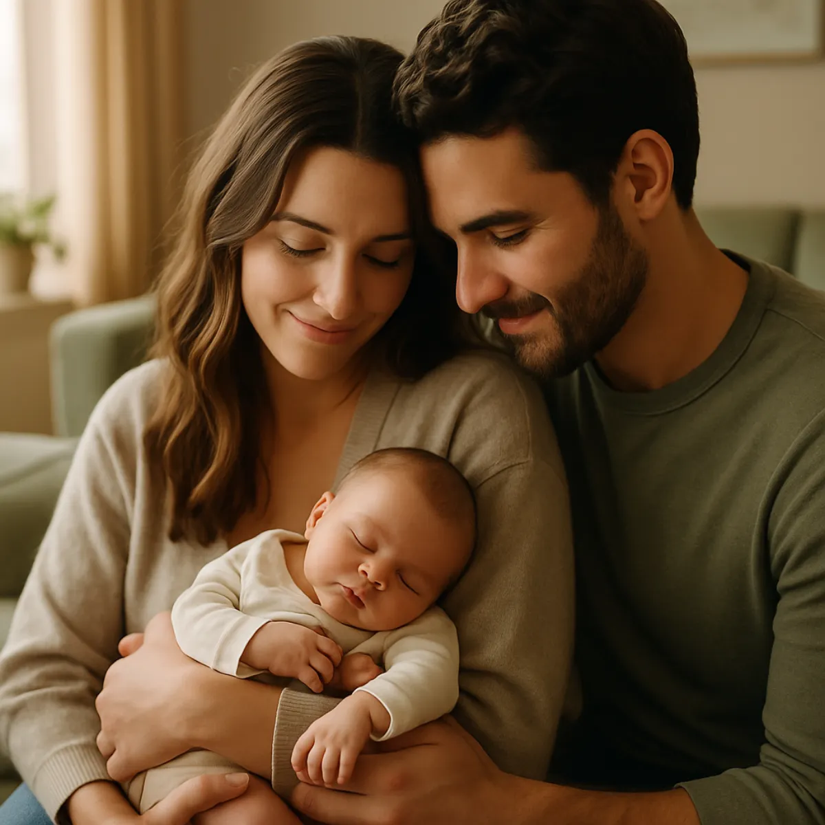 Parents cradling their sleeping newborn at home