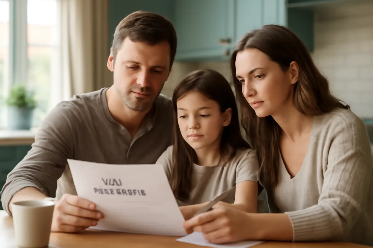 A family of three reviewing a life insurance document together at a kitchen table in soft window light