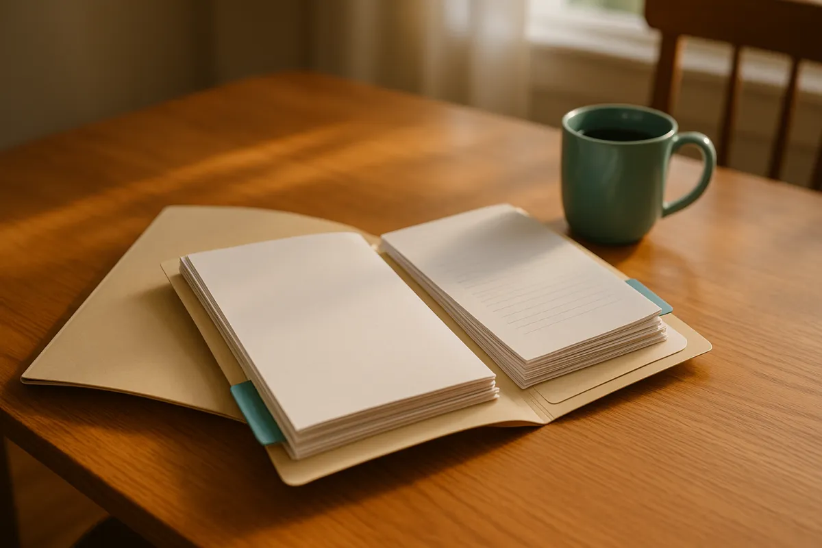 An open folder of family documents arranged on a kitchen table in soft morning light