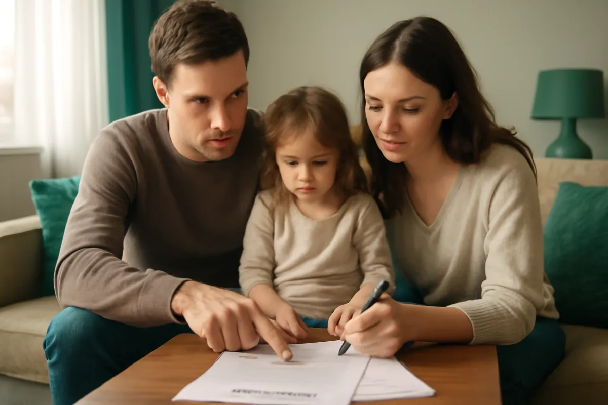 A young family reviewing life insurance paperwork together on the sofa at home in warm natural light