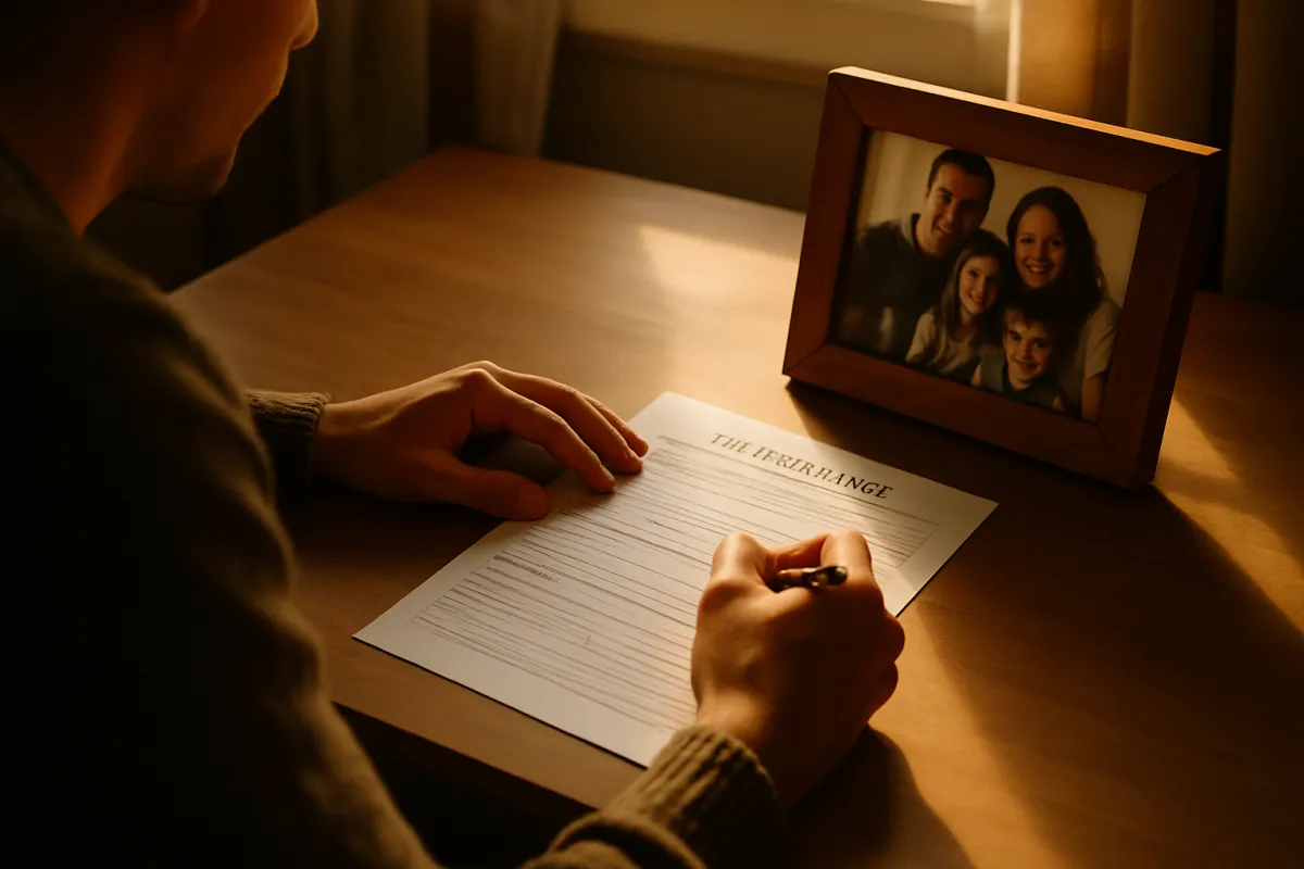 A person at a sunlit home desk filling out a life insurance beneficiary designation form with a framed family photo nearby