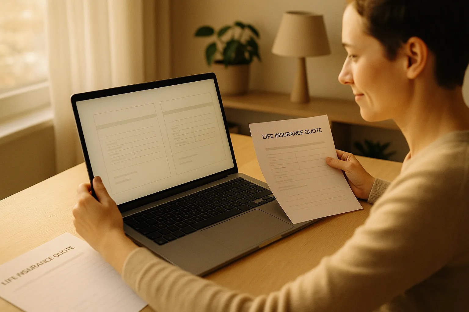 A person comparing two life insurance quotes side by side on a laptop with printed sheets in warm natural light