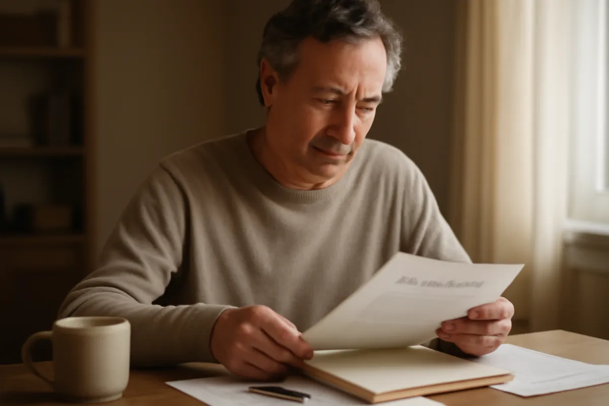 A person sitting at a home desk calmly reviewing a stack of life insurance policy documents in soft warm light