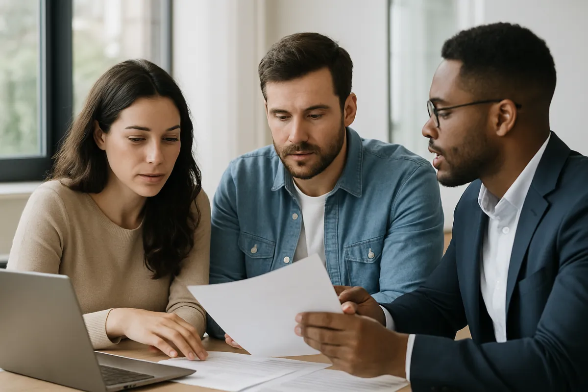 Two people talking across a desk in a benefits office, reviewing group life insurance coverage documents