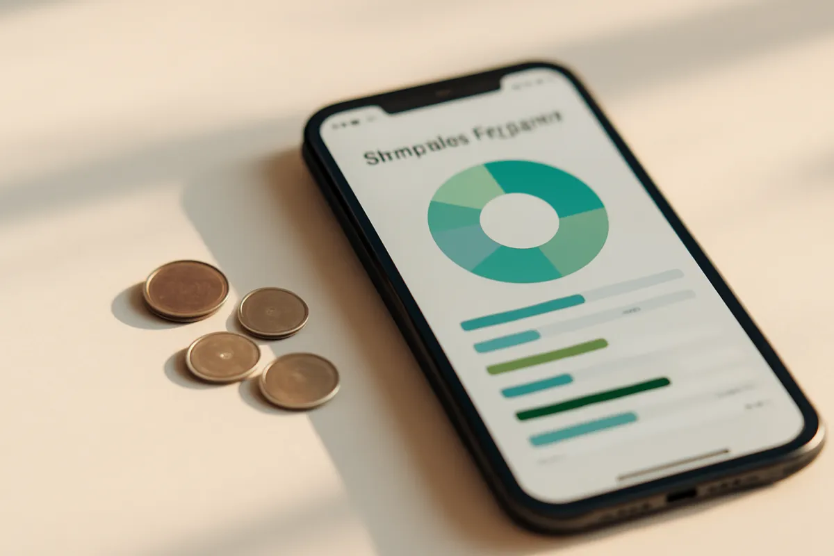 A single small coin beside a smartphone showing a simple household budget on a clean desk