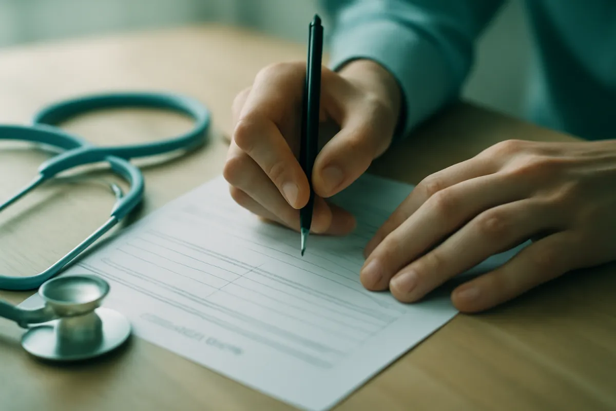 Two hands filling out a paper application form with a pen on a wooden desk beside a stethoscope