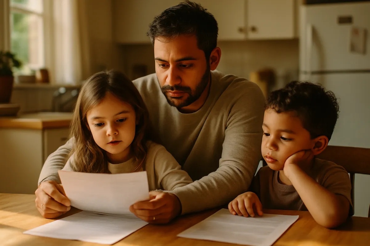 A parent and two young children looking at family paperwork together at a kitchen table in warm afternoon light