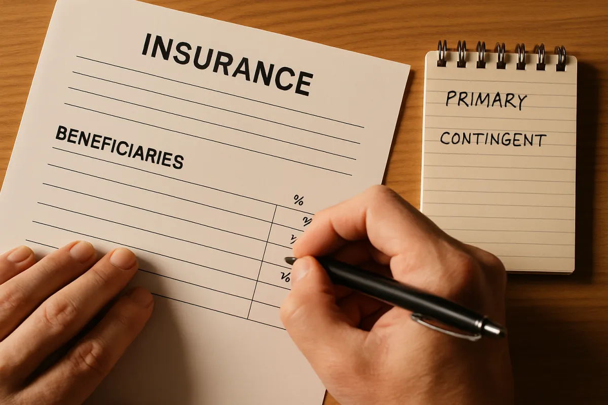 Hands writing beneficiary names and percentage splits on an insurance form beside a notepad listing primary and contingent