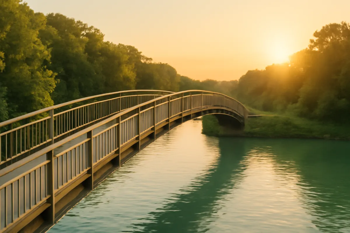 A footbridge crossing between two banks in soft morning light, an image for bridging a term policy into permanent coverage