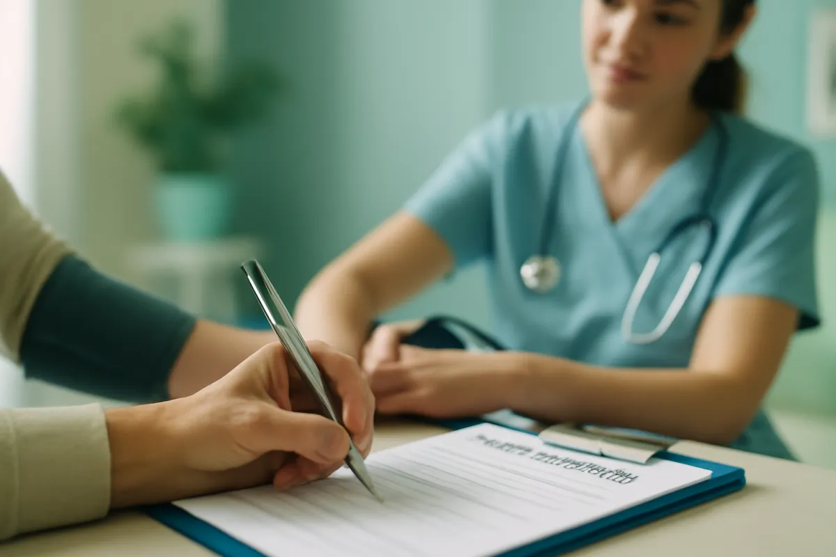 A person completing a life insurance application while an examiner takes a simple health measurement at home