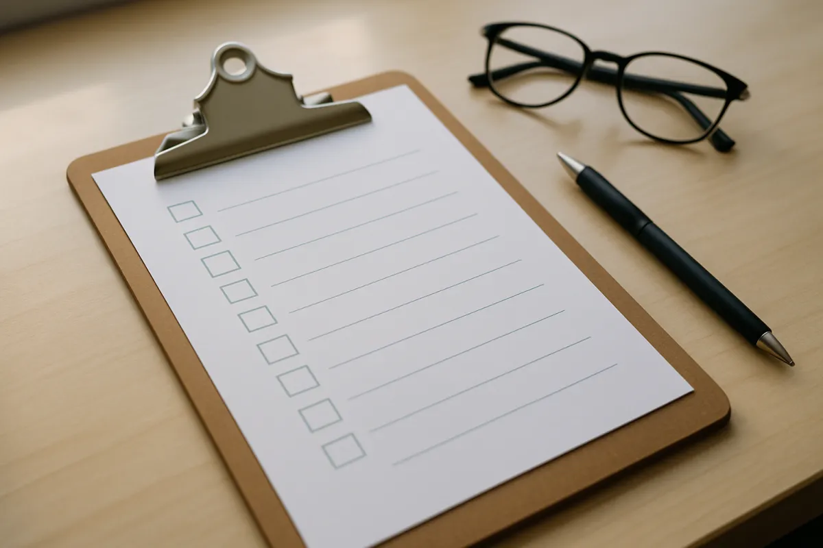 A printed life insurance planning checklist with items ticked off next to a pen and calculator