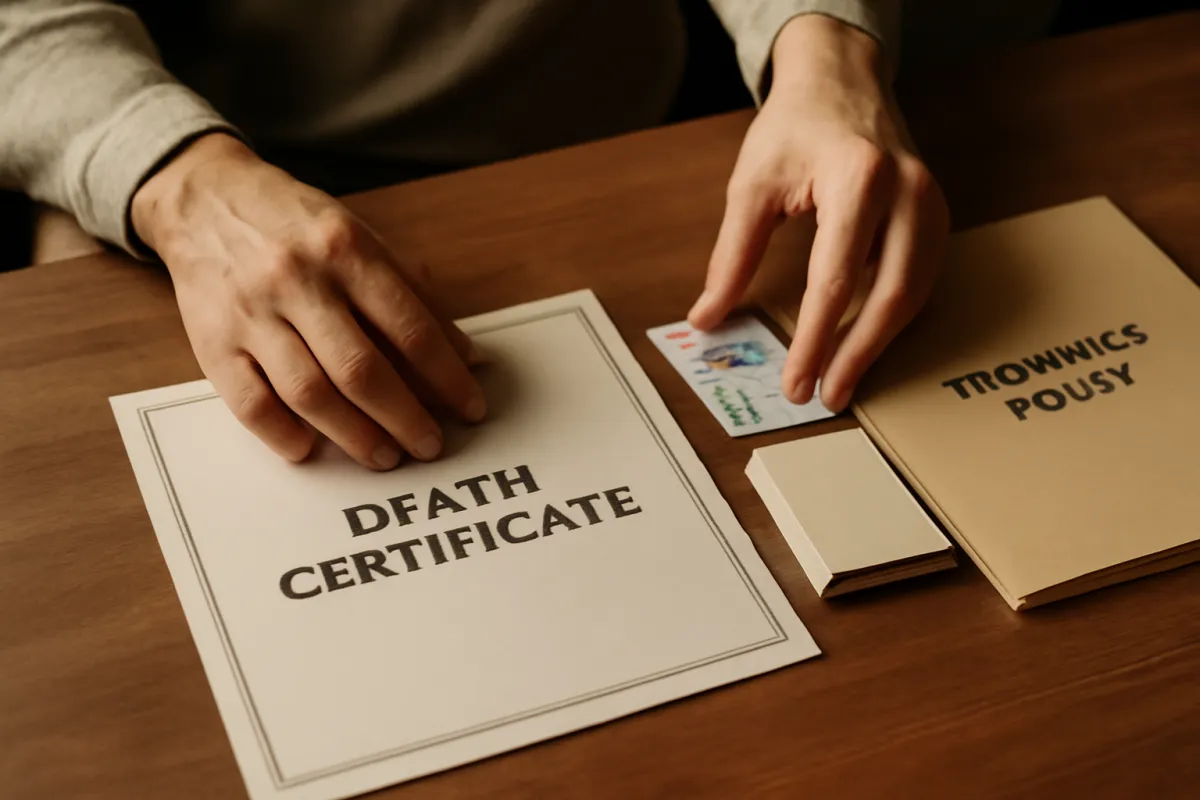 A person sorting through folders of financial paperwork and old documents on a table under soft warm light, searching for a lost life insurance policy
