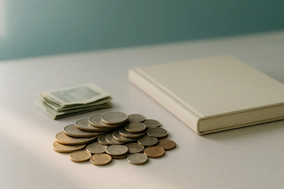 A small stack of folded bills and a pile of coins beside a closed cream notebook on a pale surface