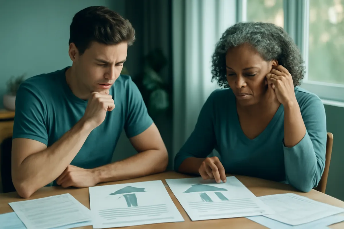 Two people comparing two insurance paths side by side at a table with documents spread out