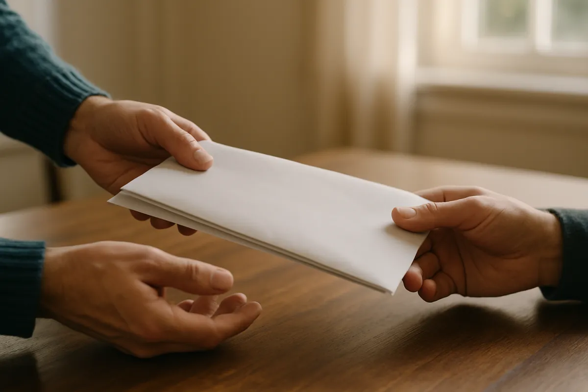 Two hands passing a plain white envelope across a wooden table in warm light