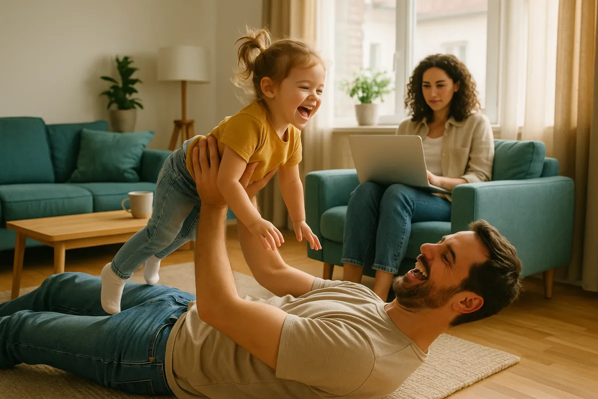 Two parents at home working through their household coverage numbers with young children nearby