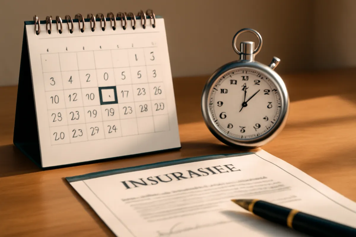 A stopwatch beside a signed insurance document on a desk, illustrating a fast approval in days