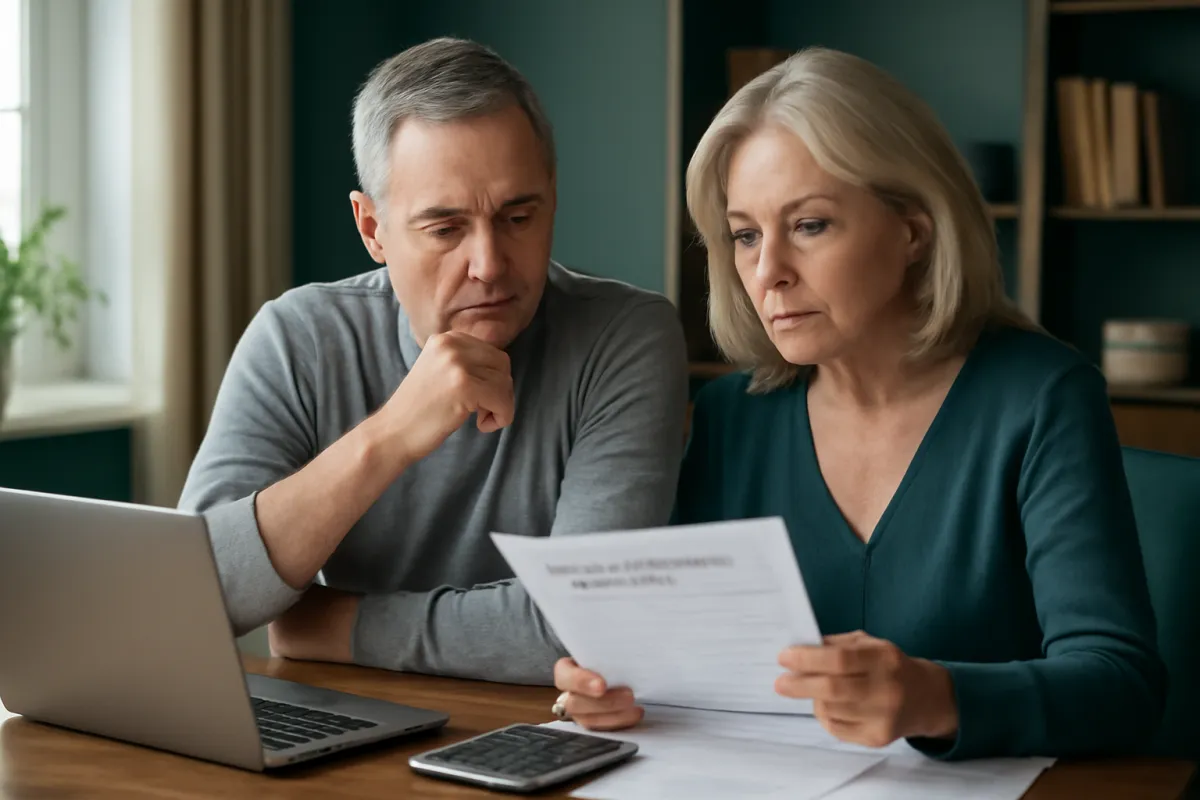 A man and woman in their early fifties comparing life insurance options at a home office desk with a laptop and paperwork