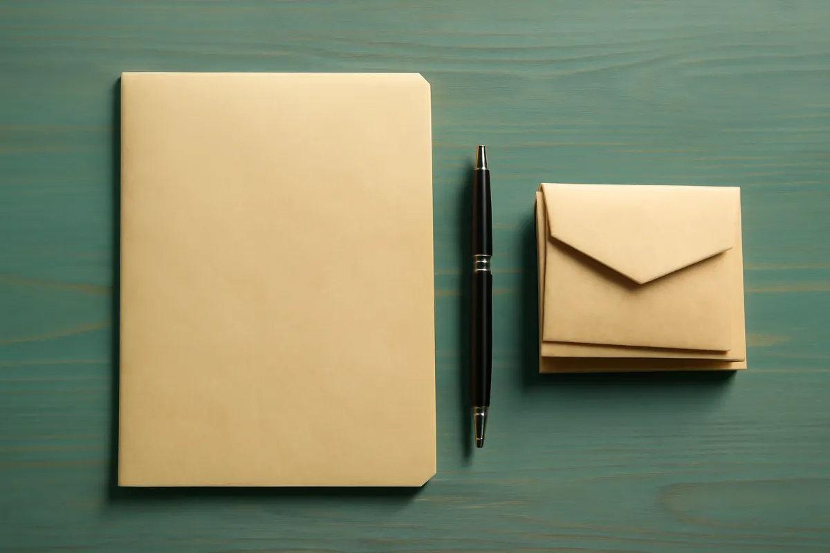 Overhead flat lay of a simple estate-planning folder, a pen, and neatly stacked small envelopes on a warm teal-tinted wooden desk in soft natural light