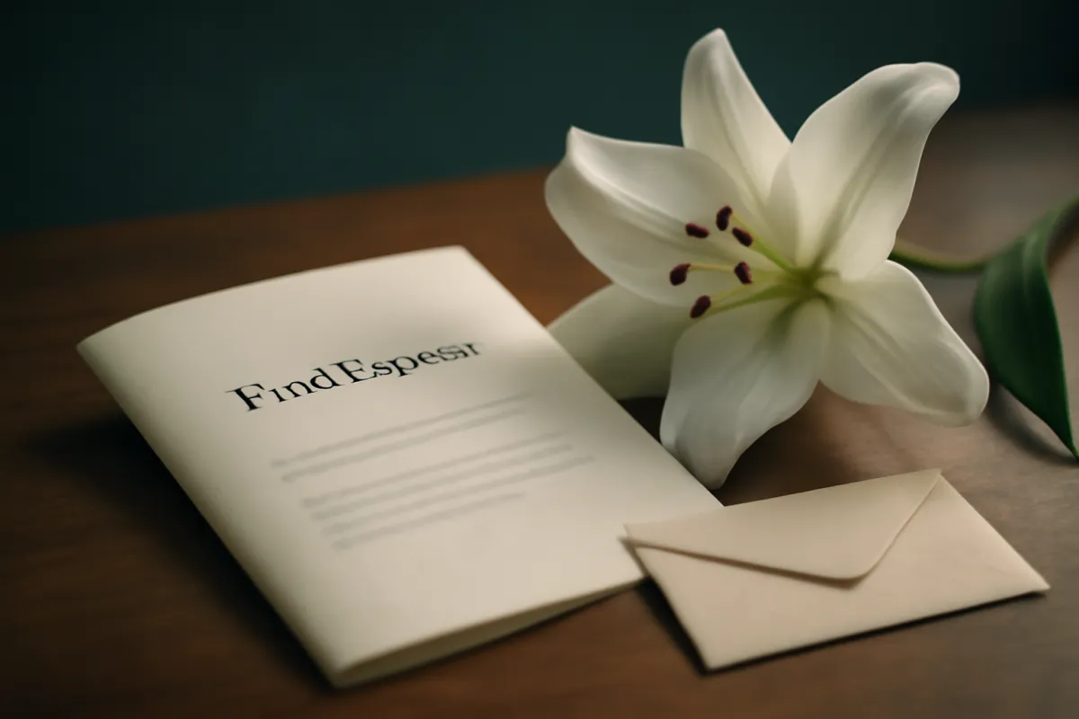 A modest folded document, a single white lily, and a small envelope arranged on a wooden surface