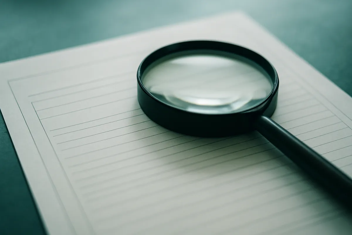 A magnifying glass resting on a sheet of lined paper on a dark desk in soft light