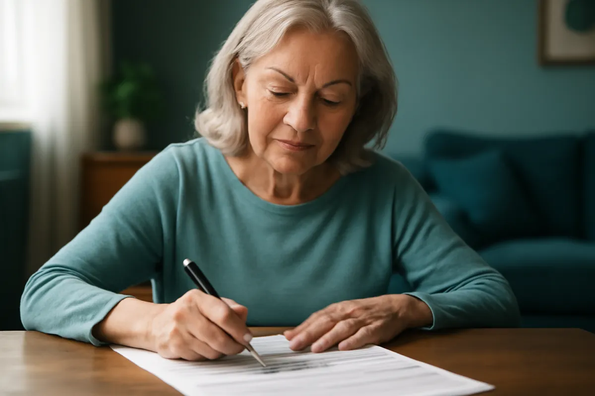 A senior woman in her late sixties signing a simple insurance application form at home
