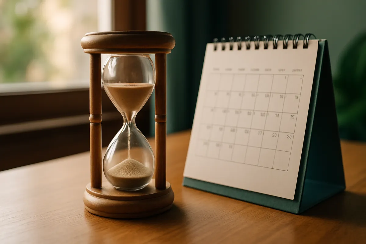 An hourglass on a desk beside a calendar, illustrating a time-limited decision window