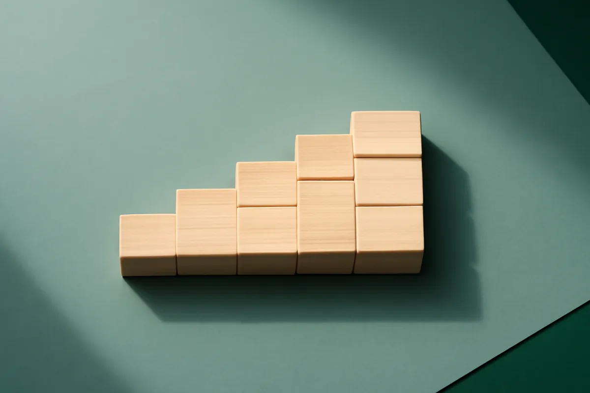 Overhead view of wooden blocks of descending heights arranged like a staircase on a teal-tinted surface, symbolizing coverage that steps down over time