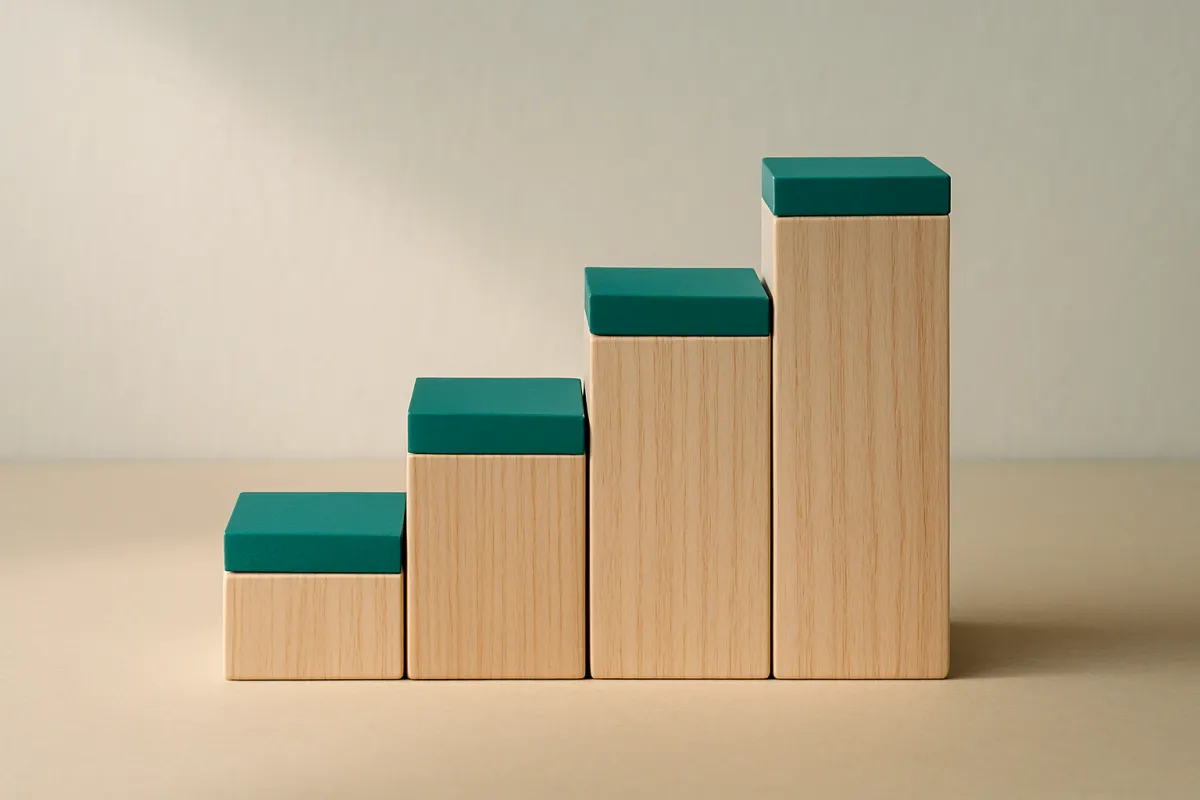 Wooden building blocks arranged as an ascending staircase of increasing heights on a plain surface