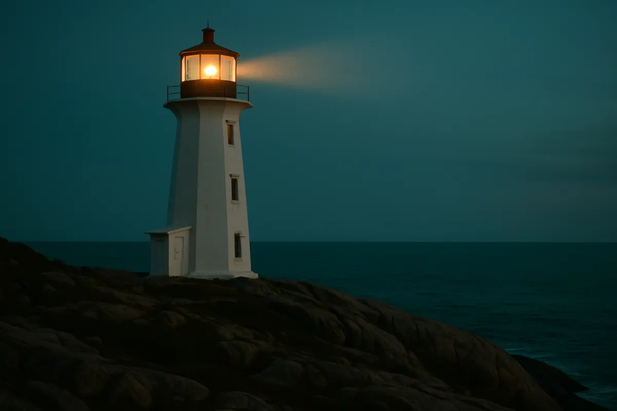 A lighthouse shining over a calm sea at dusk under a deep teal sky
