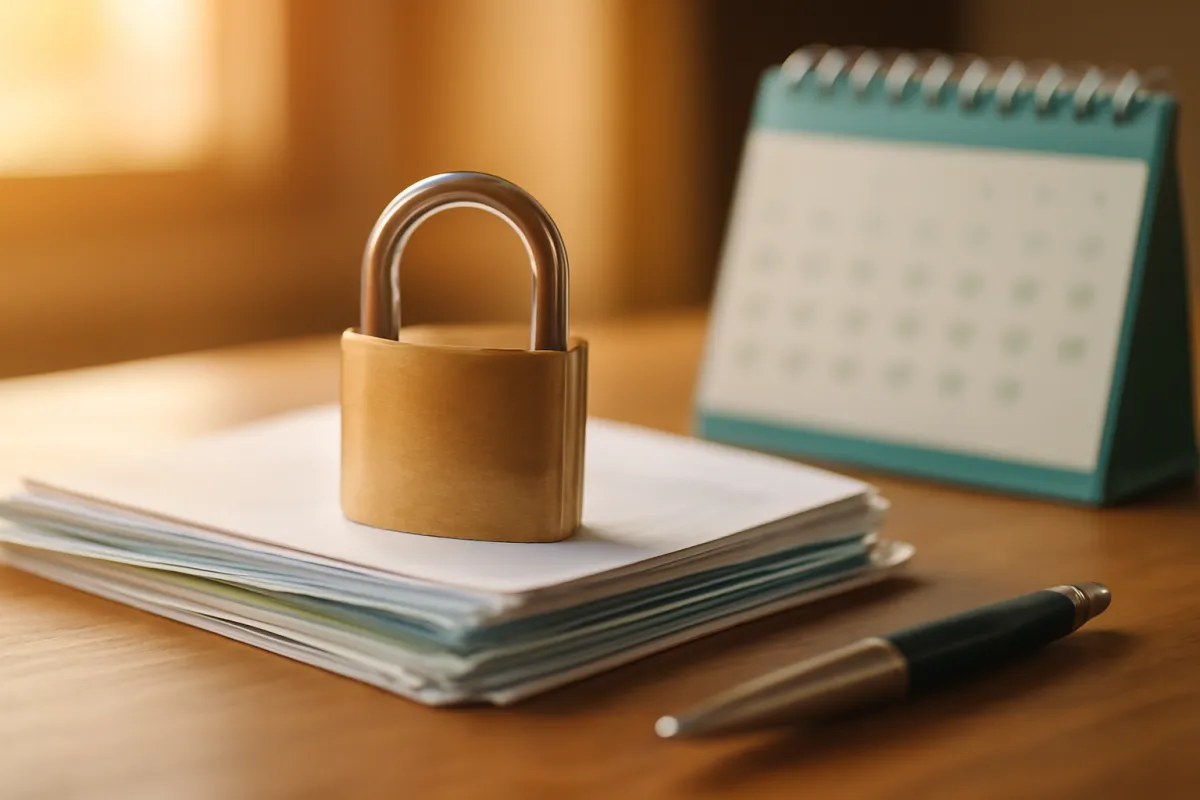 A padlock resting on a life insurance document, representing coverage locked in without a new medical exam