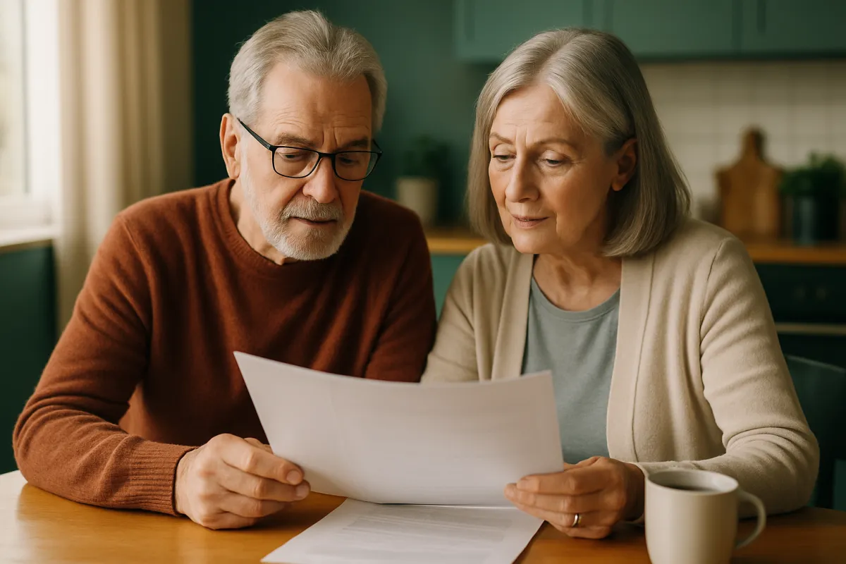 An older couple in their late sixties reviewing paperwork together at a kitchen table