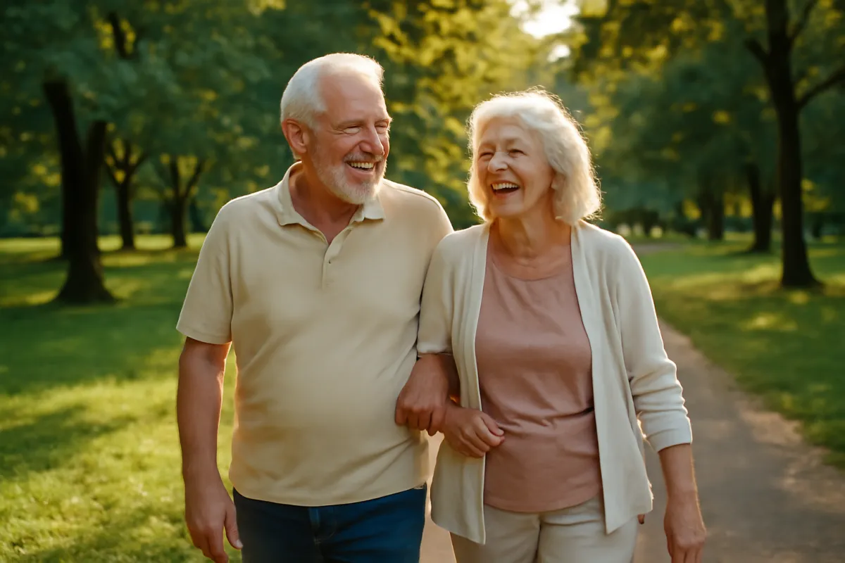 A happy senior couple in their early seventies walking together in a green park in warm afternoon light