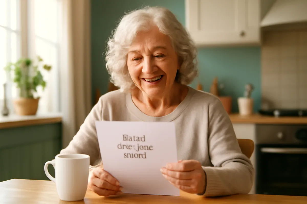 A cheerful senior woman around 70 at a bright kitchen table reviewing a small burial insurance policy document