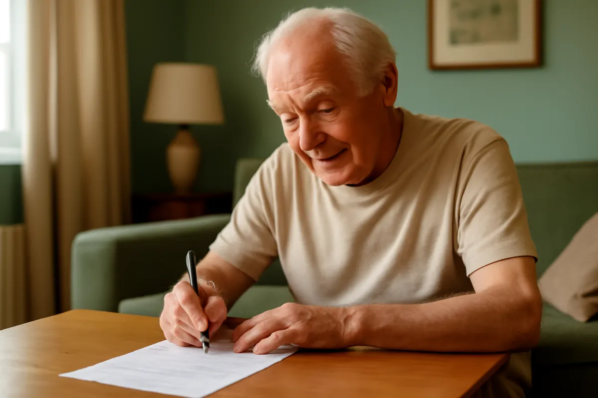 A relaxed senior man around 70 filling out a short paper form at home with a pen, no medical equipment in sight