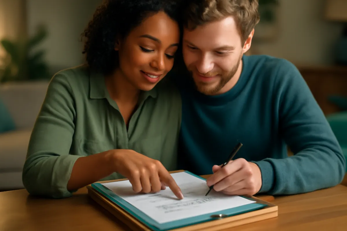 A couple signing a completed life insurance policy at home and filing it, pointing to the beneficiary line