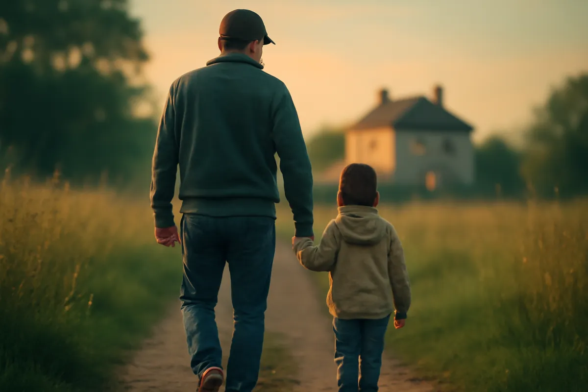 A parent and child walking hand in hand along a path toward a distant house at golden hour