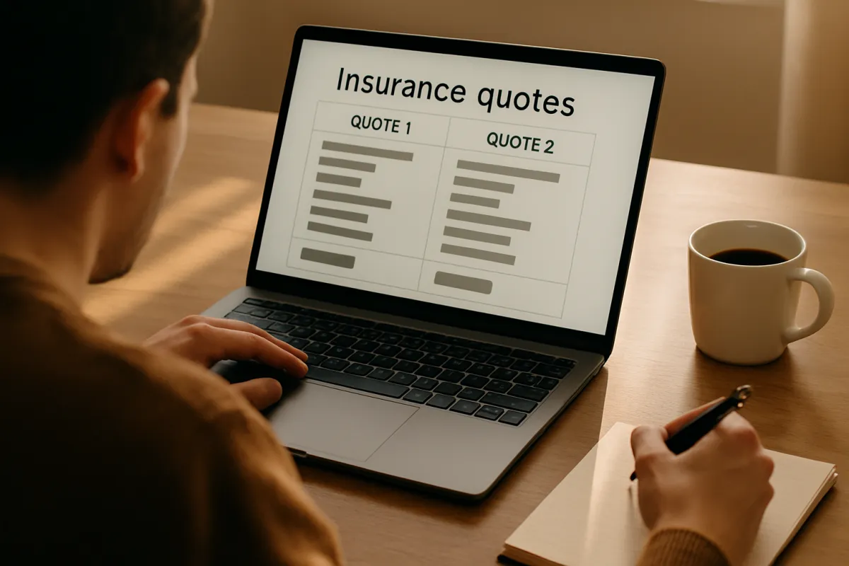 A person at a wooden desk working on a laptop that displays a page headed insurance quotes with two side by side columns of grey placeholder bars, a coffee mug and a notepad beside it
