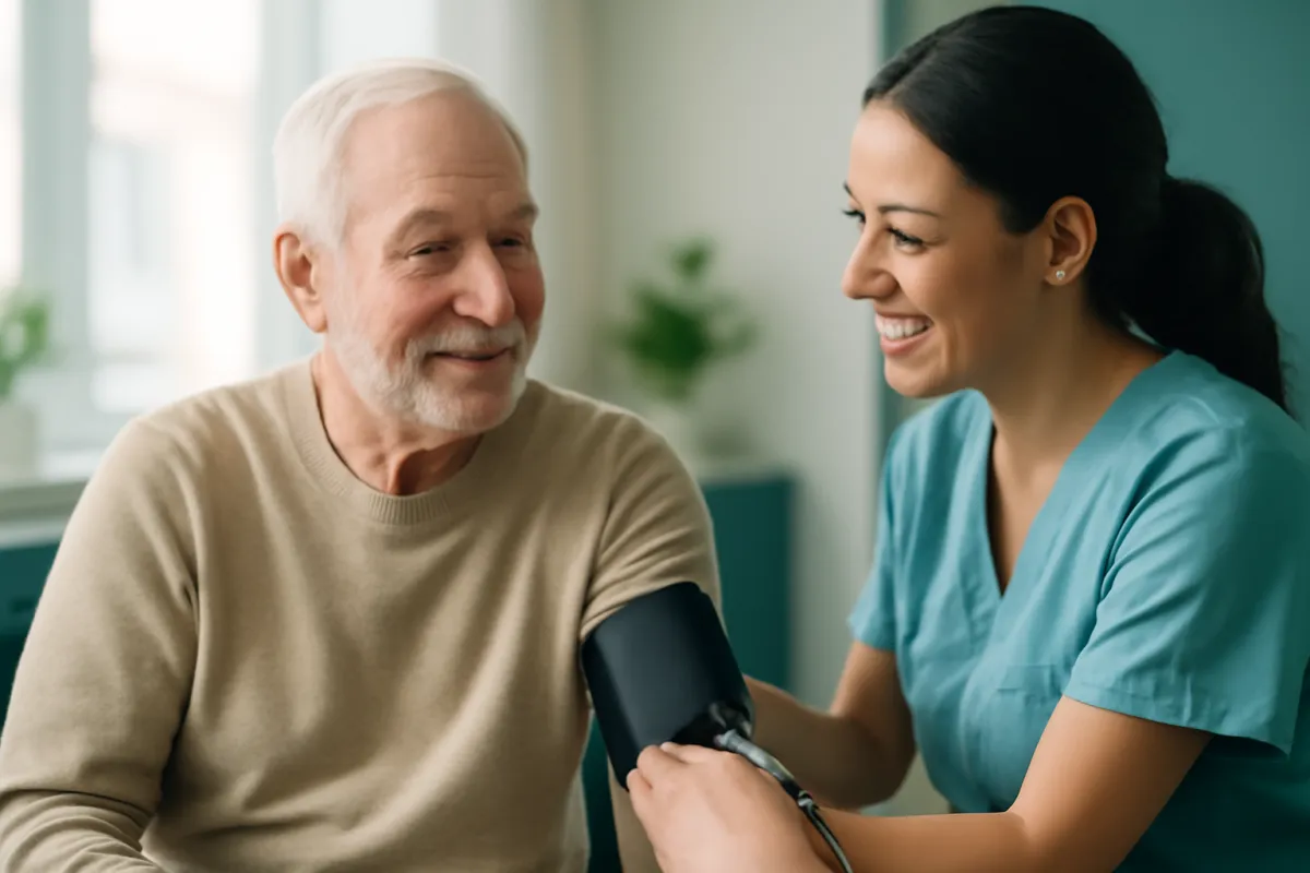 A senior man having a routine blood pressure check with a nurse in a bright clinic