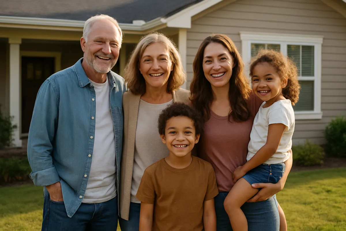 Three generations of one family standing together in front of their home, the mix of ties the gray zone has to sort case by case