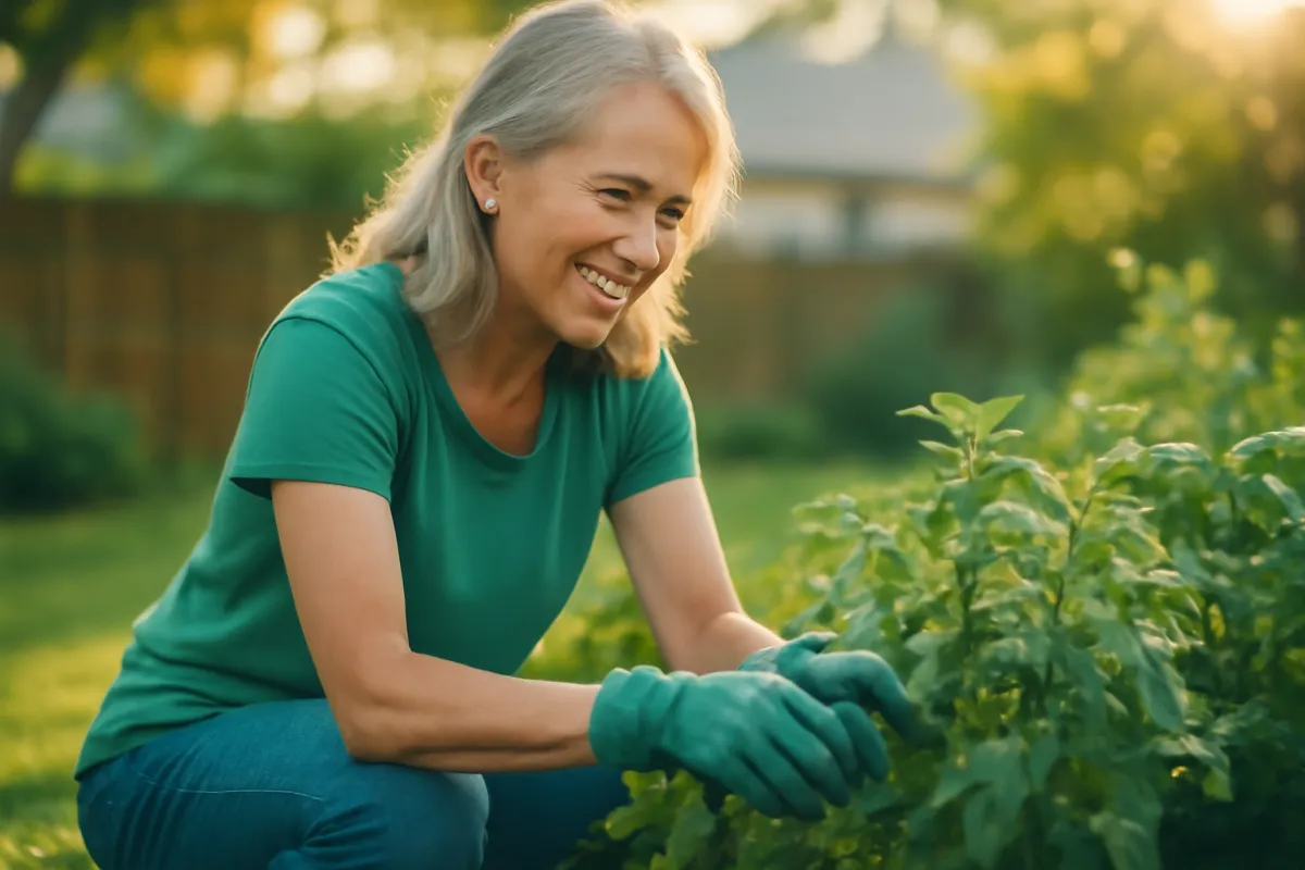 An active healthy woman in her early sixties gardening in a sunny backyard with a gentle smile in warm golden light