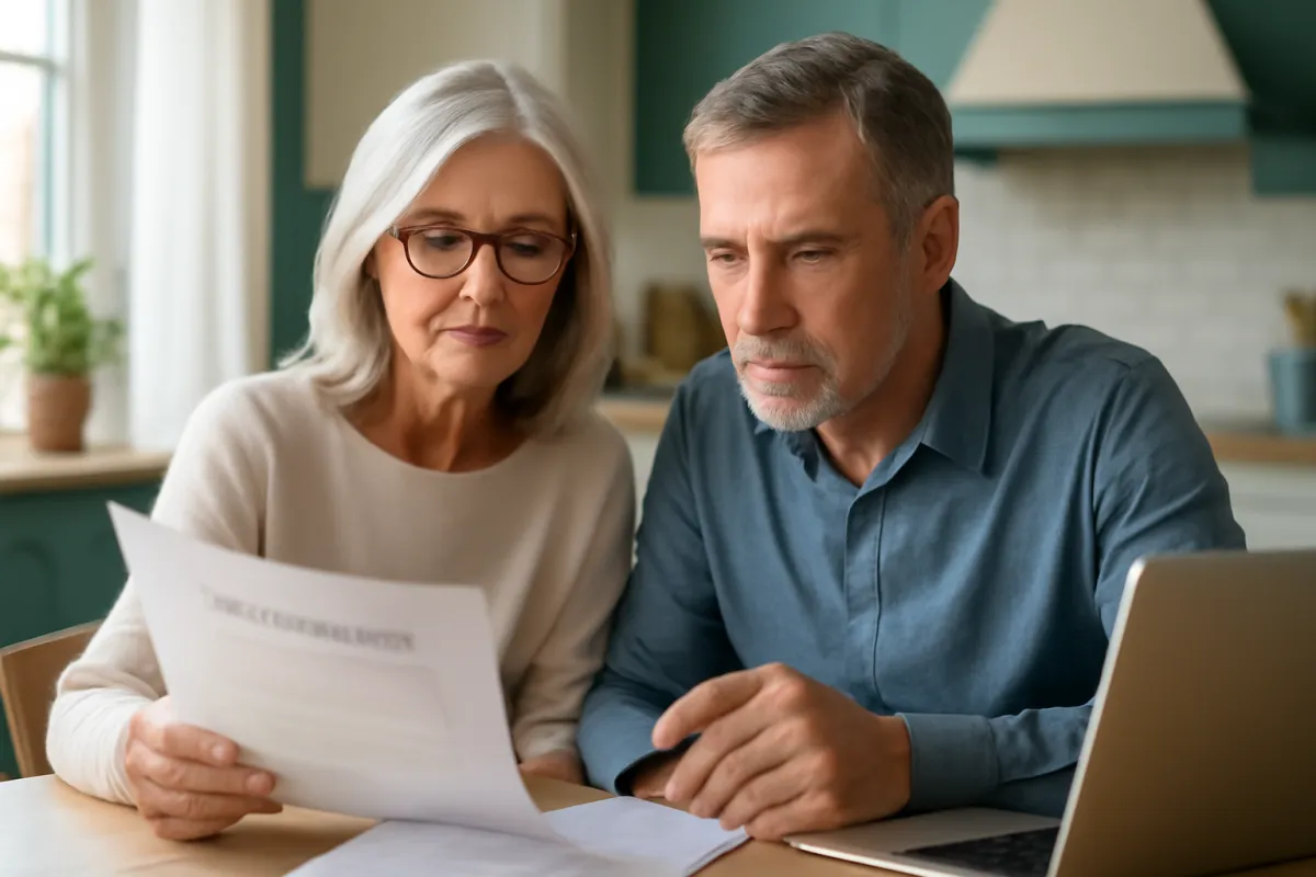 A healthy couple in their early sixties reviewing life insurance paperwork together at a bright kitchen table with a laptop in warm natural light