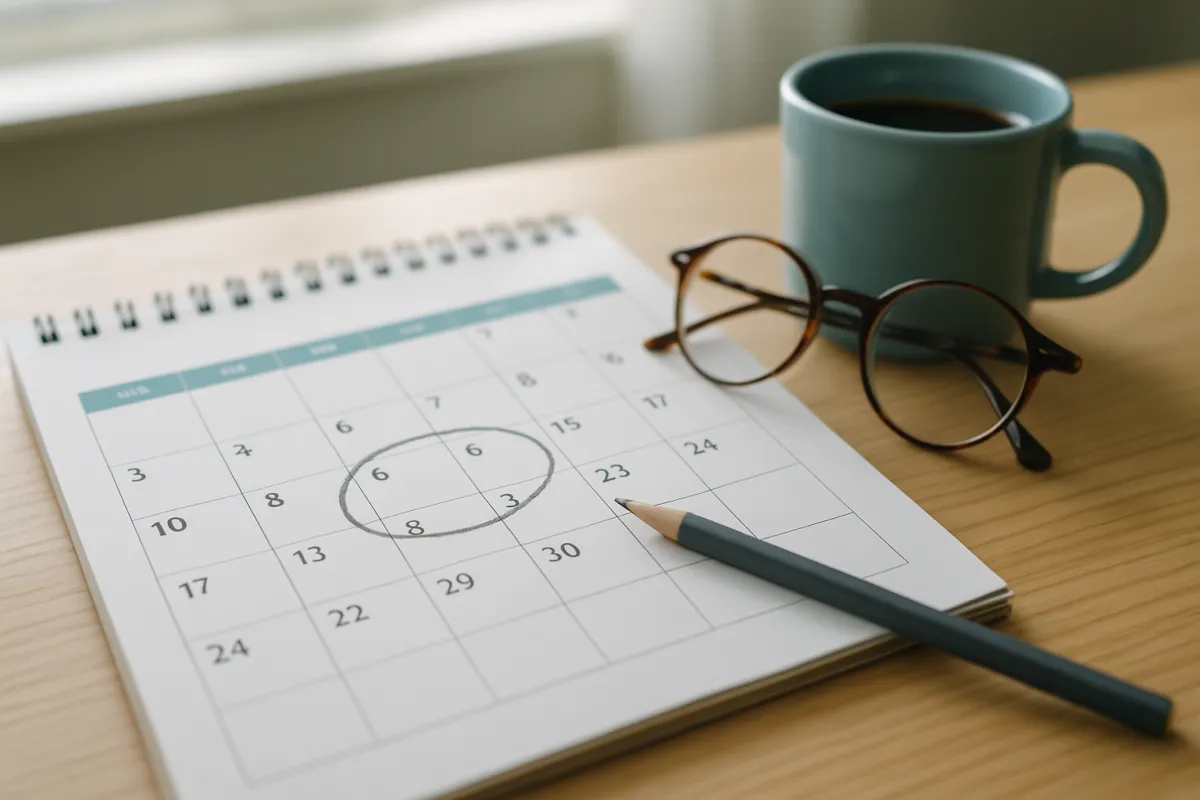 A calendar on a desk with a period of years circled in pencil beside reading glasses