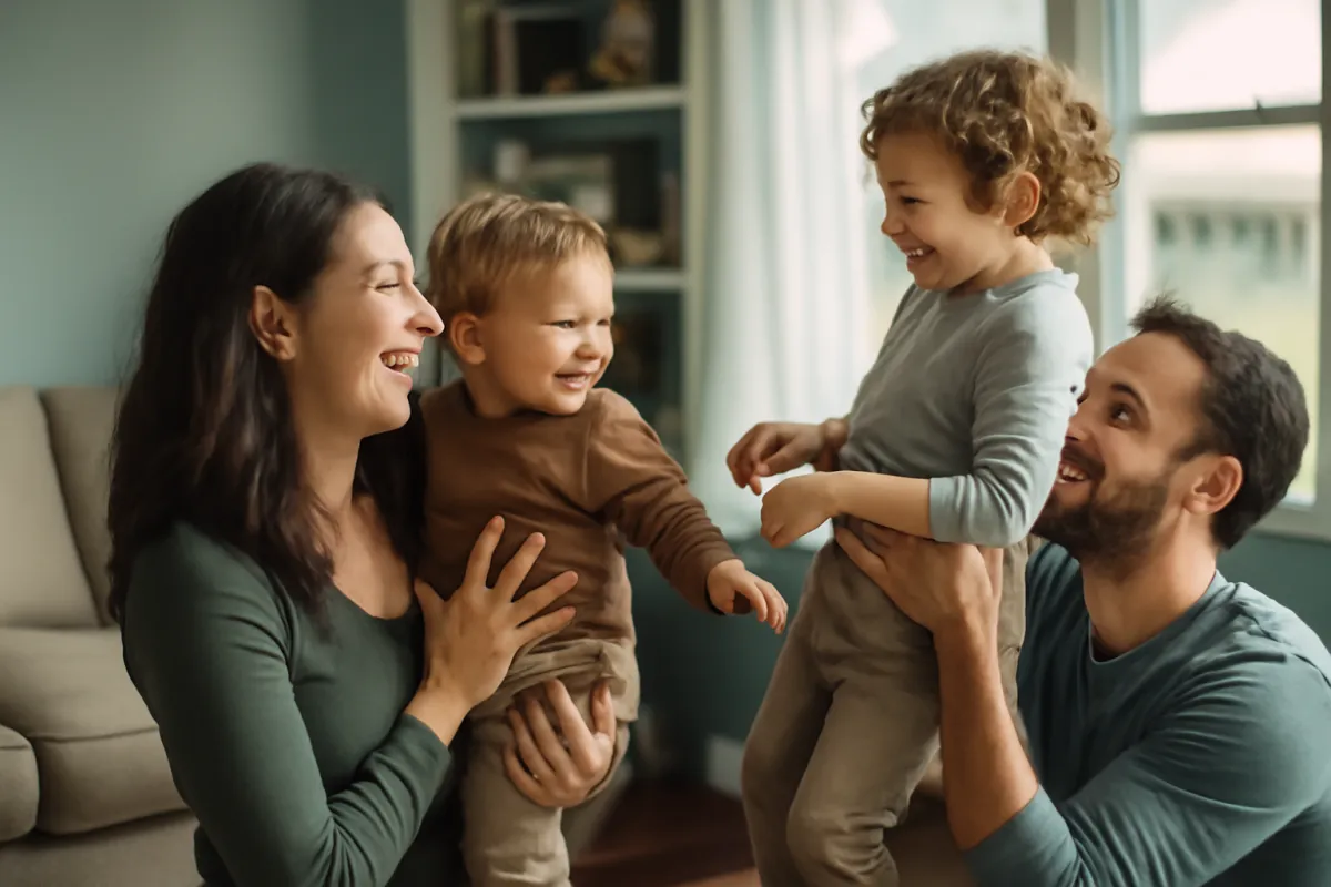 Two parents playing with their two young children in the living room of their home