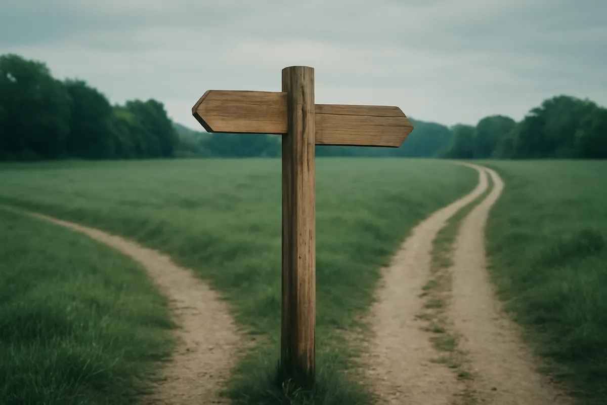 A wooden signpost with two diverging path signs in a quiet green field, standing for a strong market year and a weak one