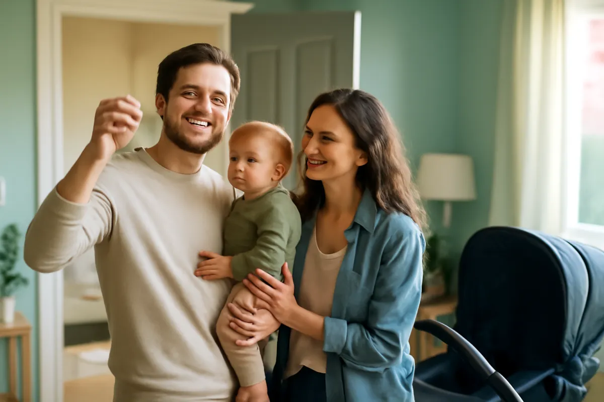 A young family in their early thirties with a toddler and a stroller at the door of a new home