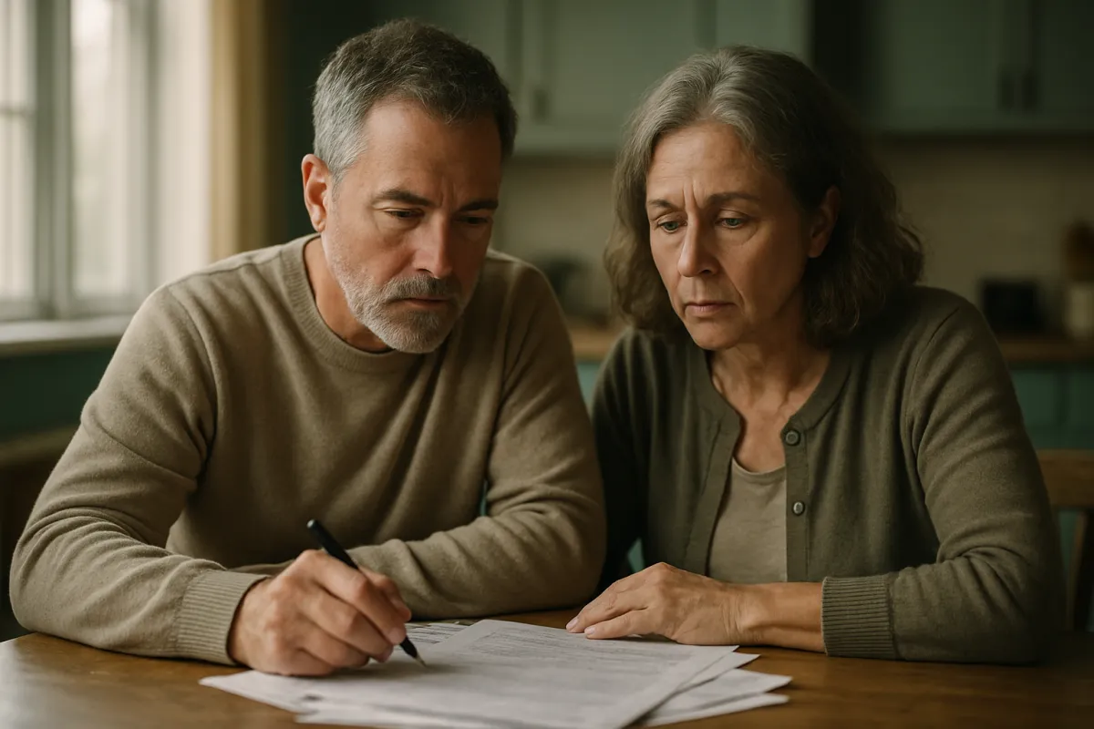 Two adults sitting side by side at a wooden kitchen table, both looking down at printed sheets, one holding a pen