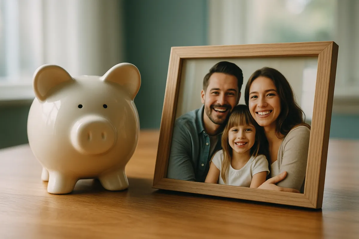 A ceramic piggy bank on a wooden table beside a small framed photo of a young family in soft window light